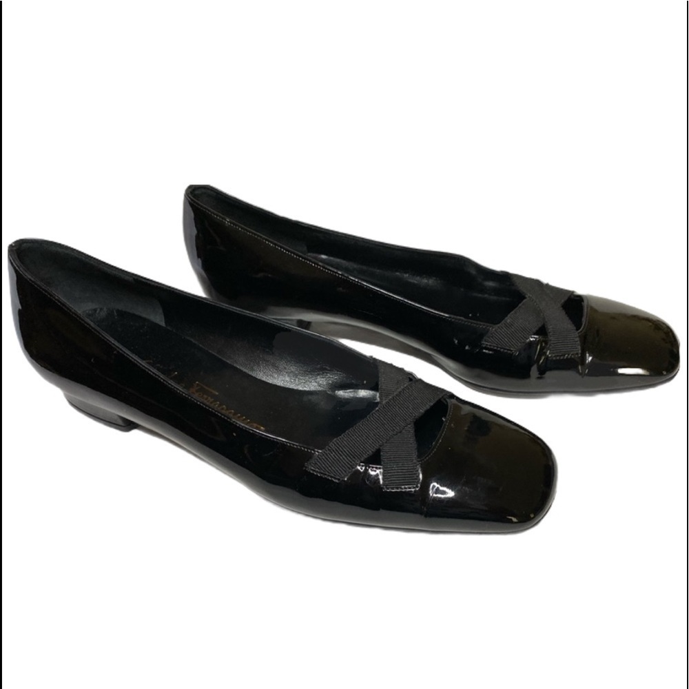 Salvatore Ferragamo Boutique Black Patent Leather Grosgrain Bow Flats Heels 7.5B